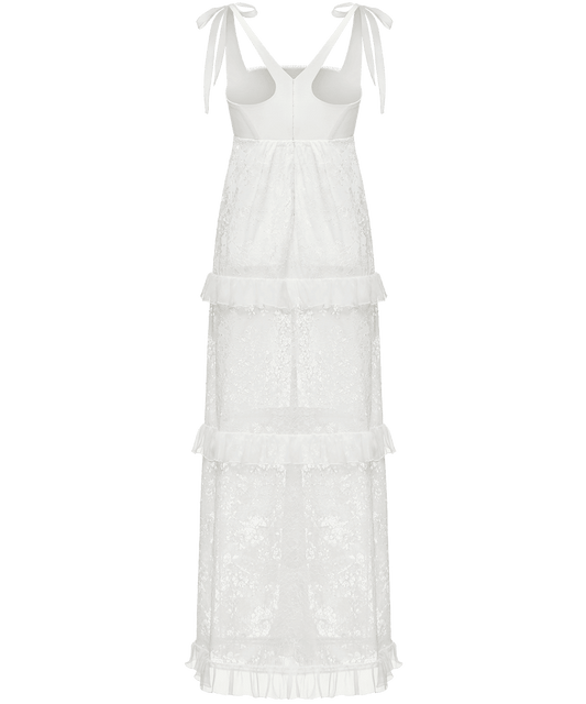 Full-length dress with signature floral lace and silk base