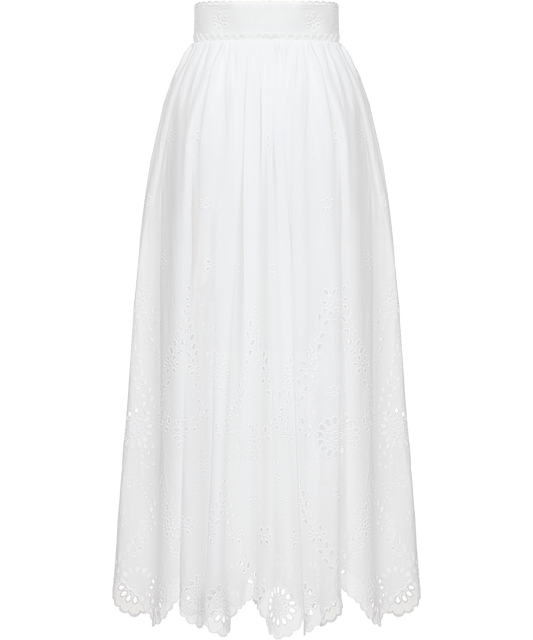 Cotton midi skirt with floral embroidery and lace trim