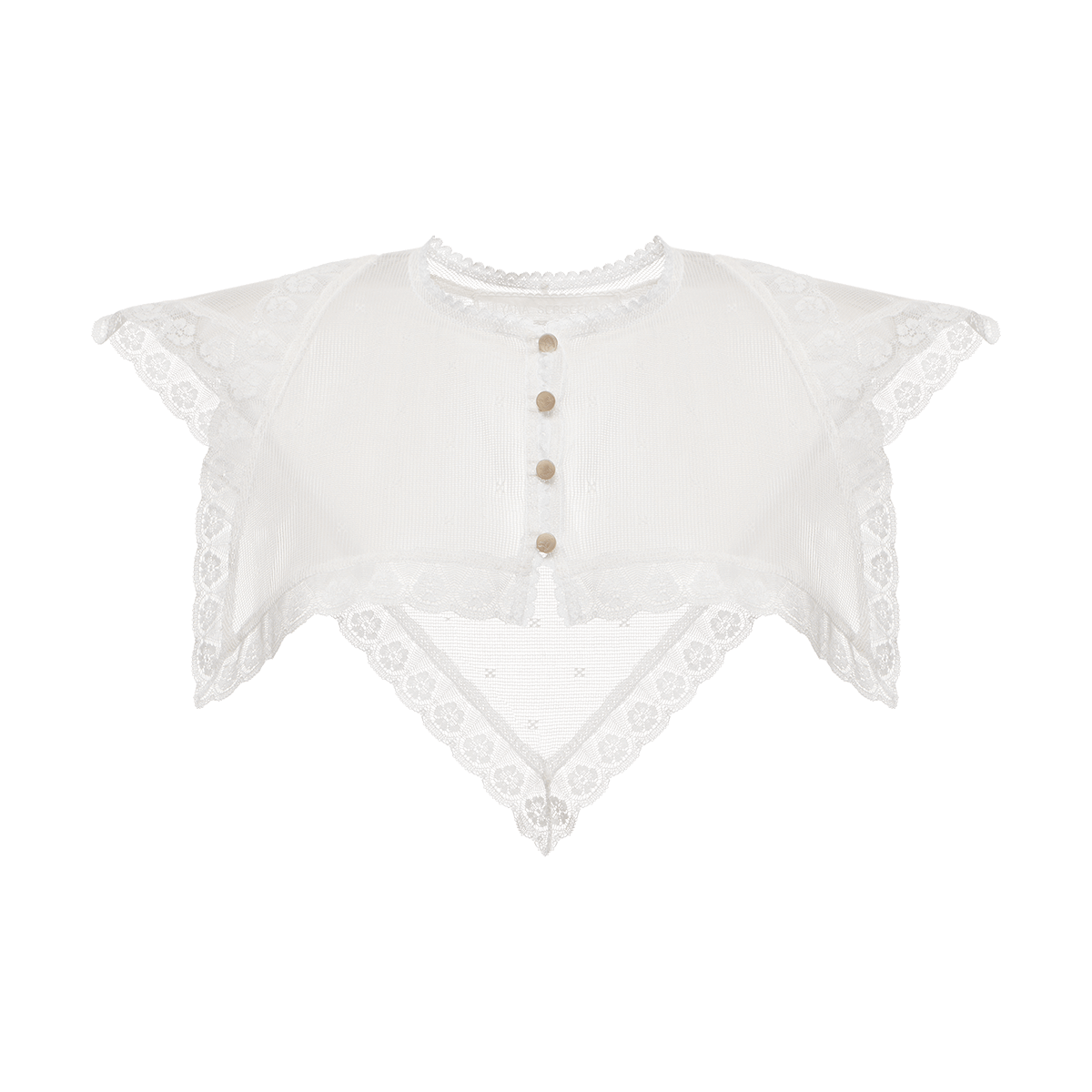 V-shaped lace collar with scalloped edge and button detail