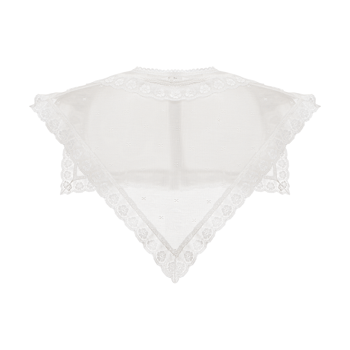 V-shaped lace collar with scalloped edge and button detail