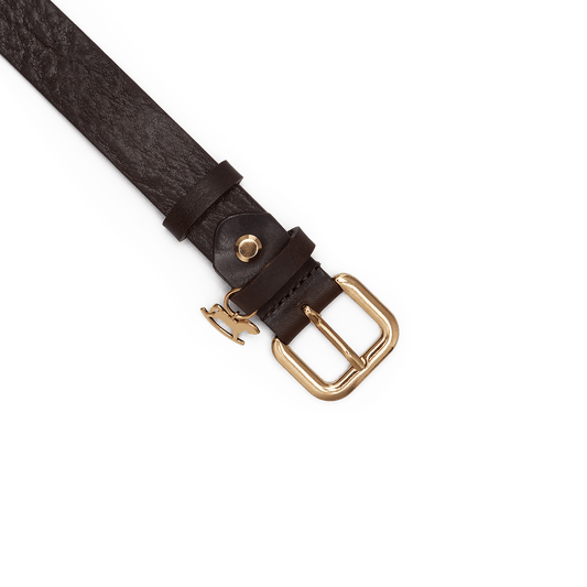 Leather belt with a gold buckle and signature charm
