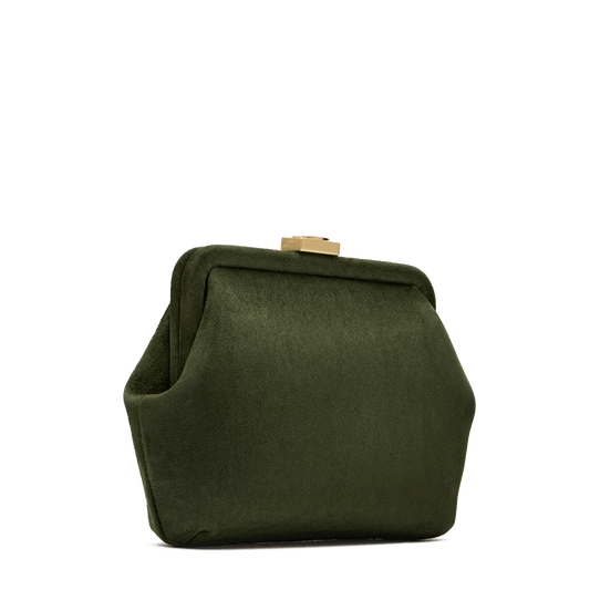 Suede bag with signature clasp and removable strap