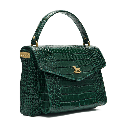 Leather satchel with a signature clasp