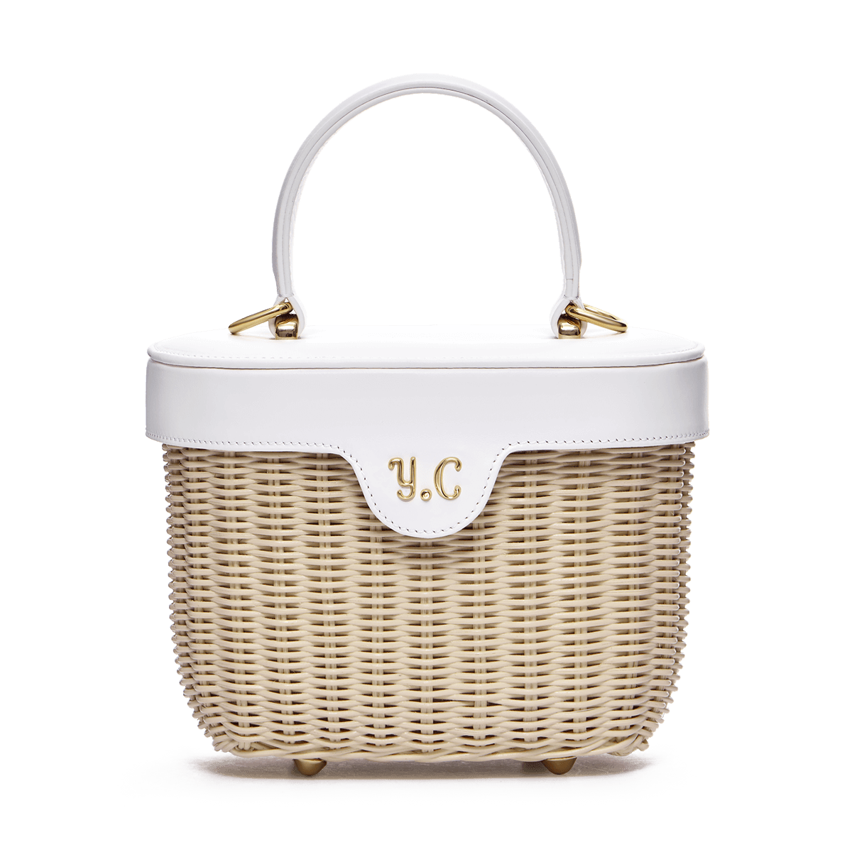 Woven basket with leather cover and floral lining