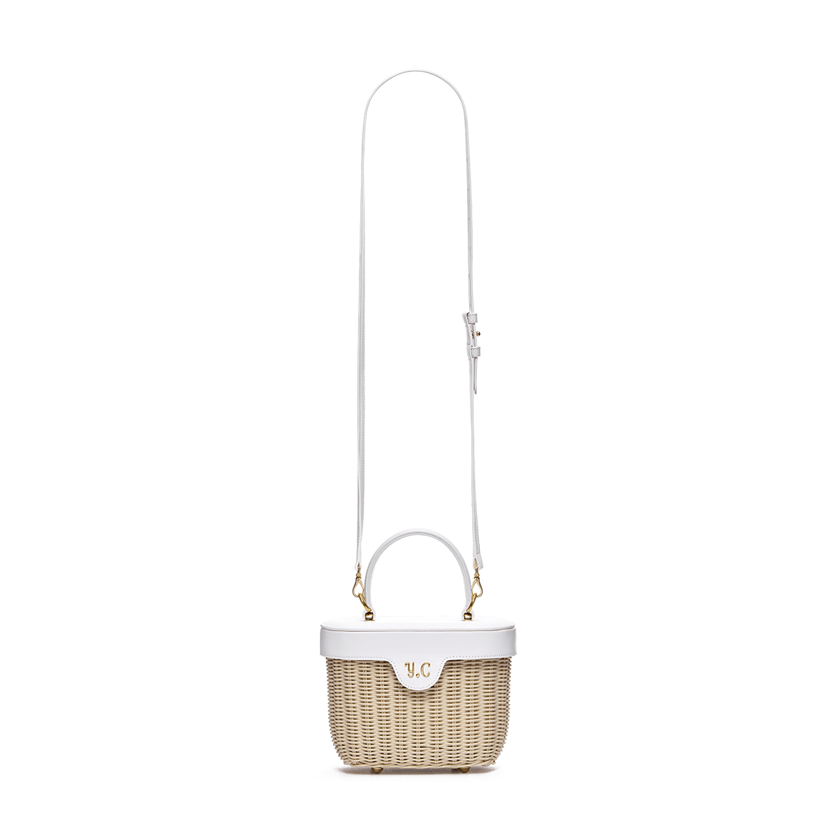 Woven basket with leather cover and floral lining