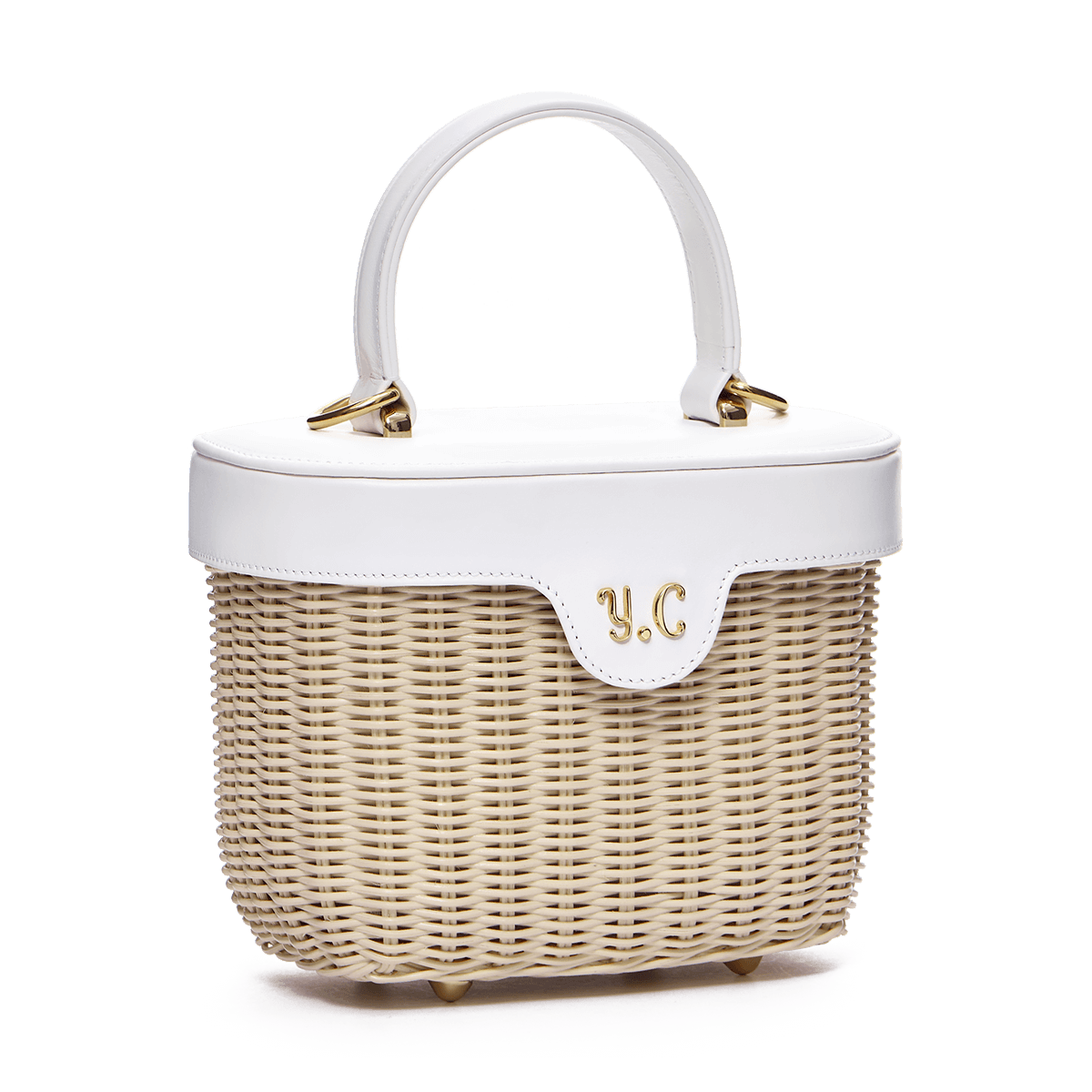 Woven basket with leather cover and floral lining