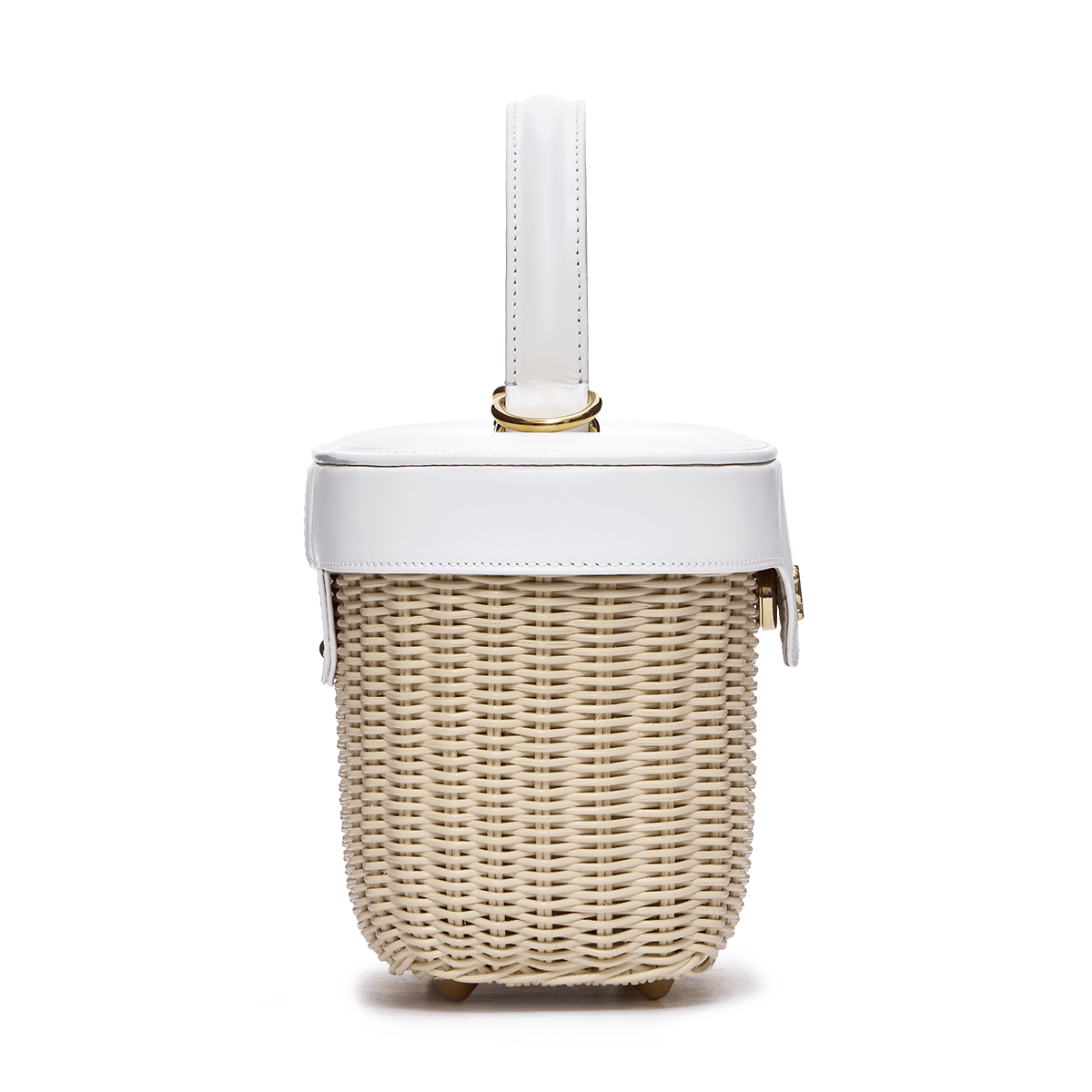 Woven basket with leather cover and floral lining