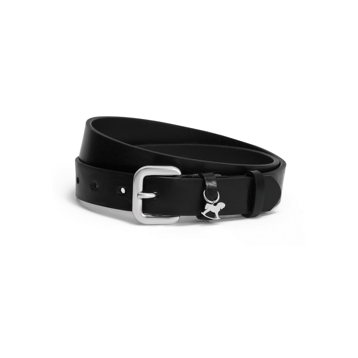 Leather belt with a silver buckle and signature charm