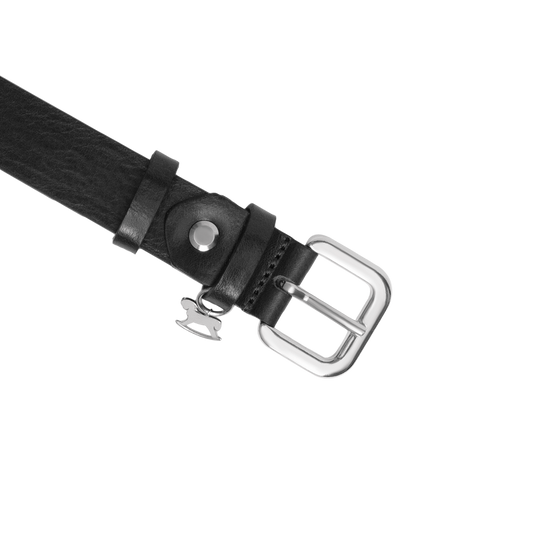 Leather belt with a silver buckle and signature charm