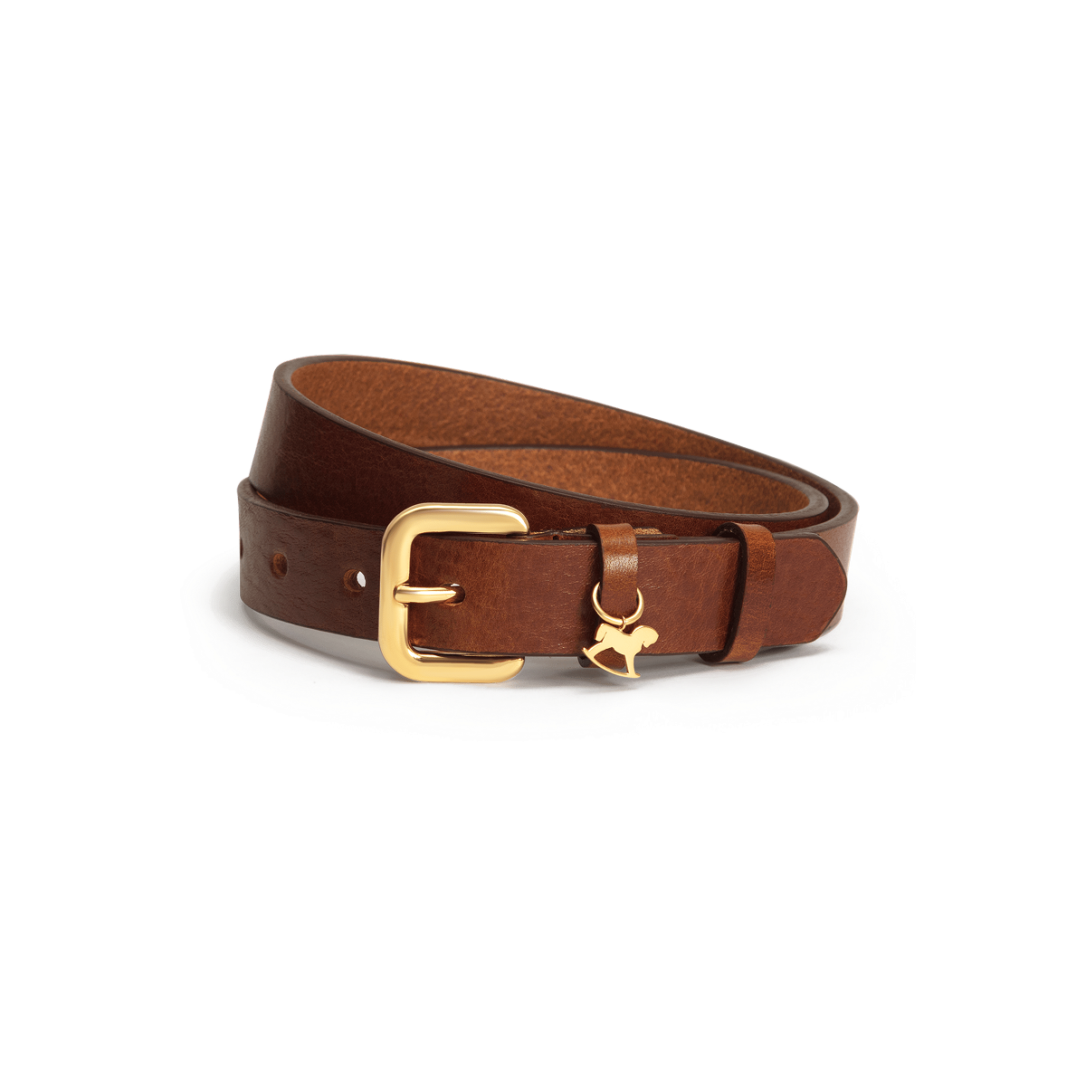 Leather belt with a gold buckle and signature charm