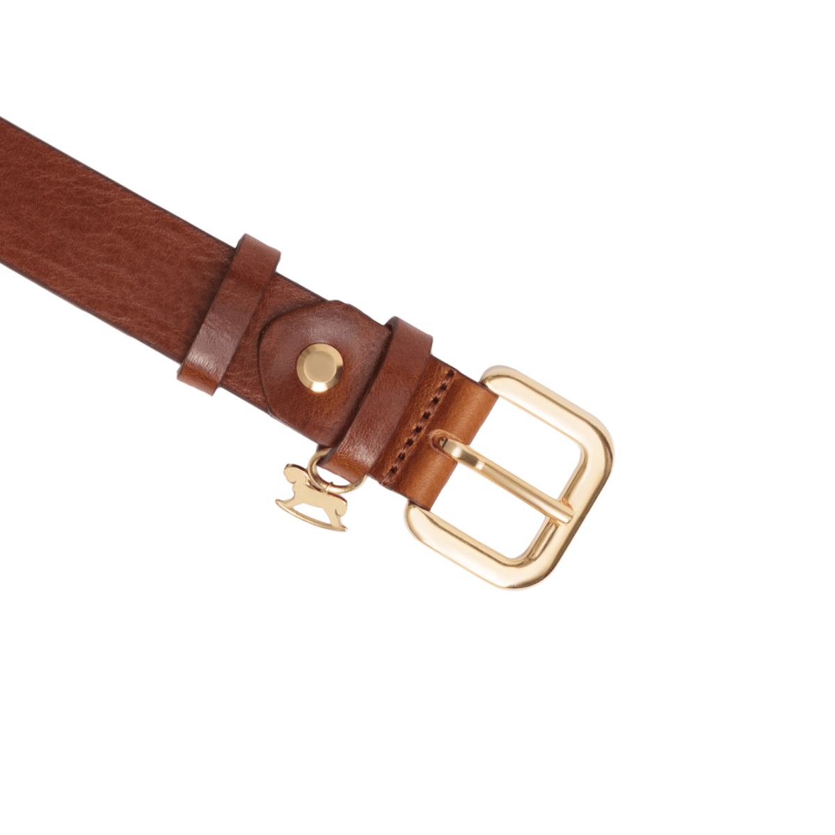 Leather belt with a gold buckle and signature charm