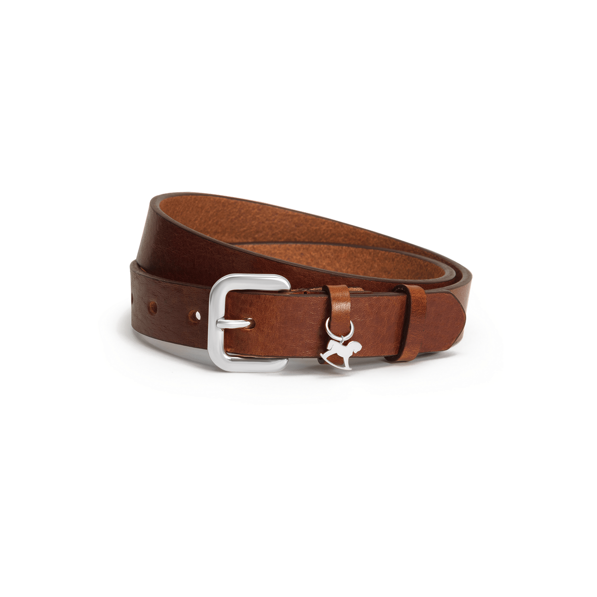 Leather belt with a silver buckle and signature charm