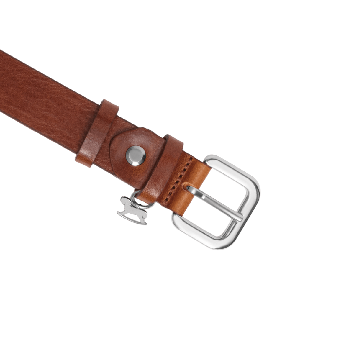 Leather belt with a silver buckle and signature charm