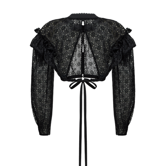 Embroidered cotton blouse with ruffled shoulders and an open back