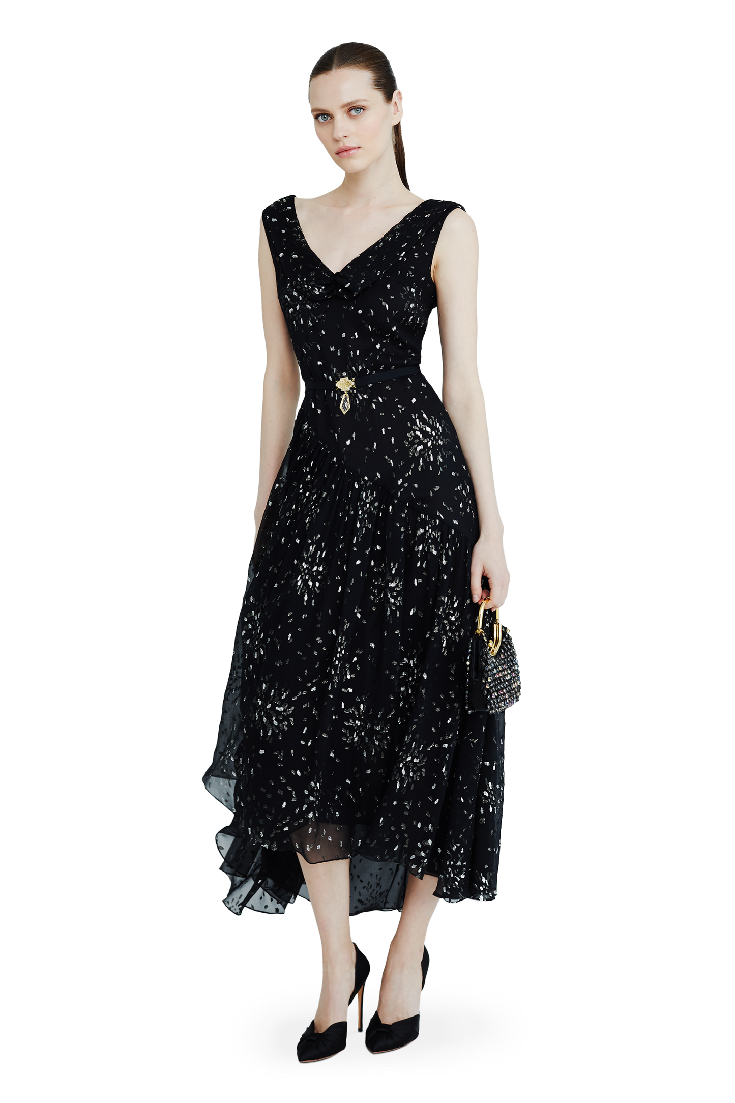 Chiffon midi dress with sparkling lurex