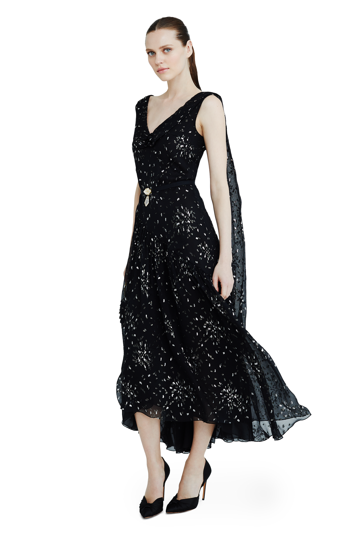 Chiffon midi dress with sparkling lurex