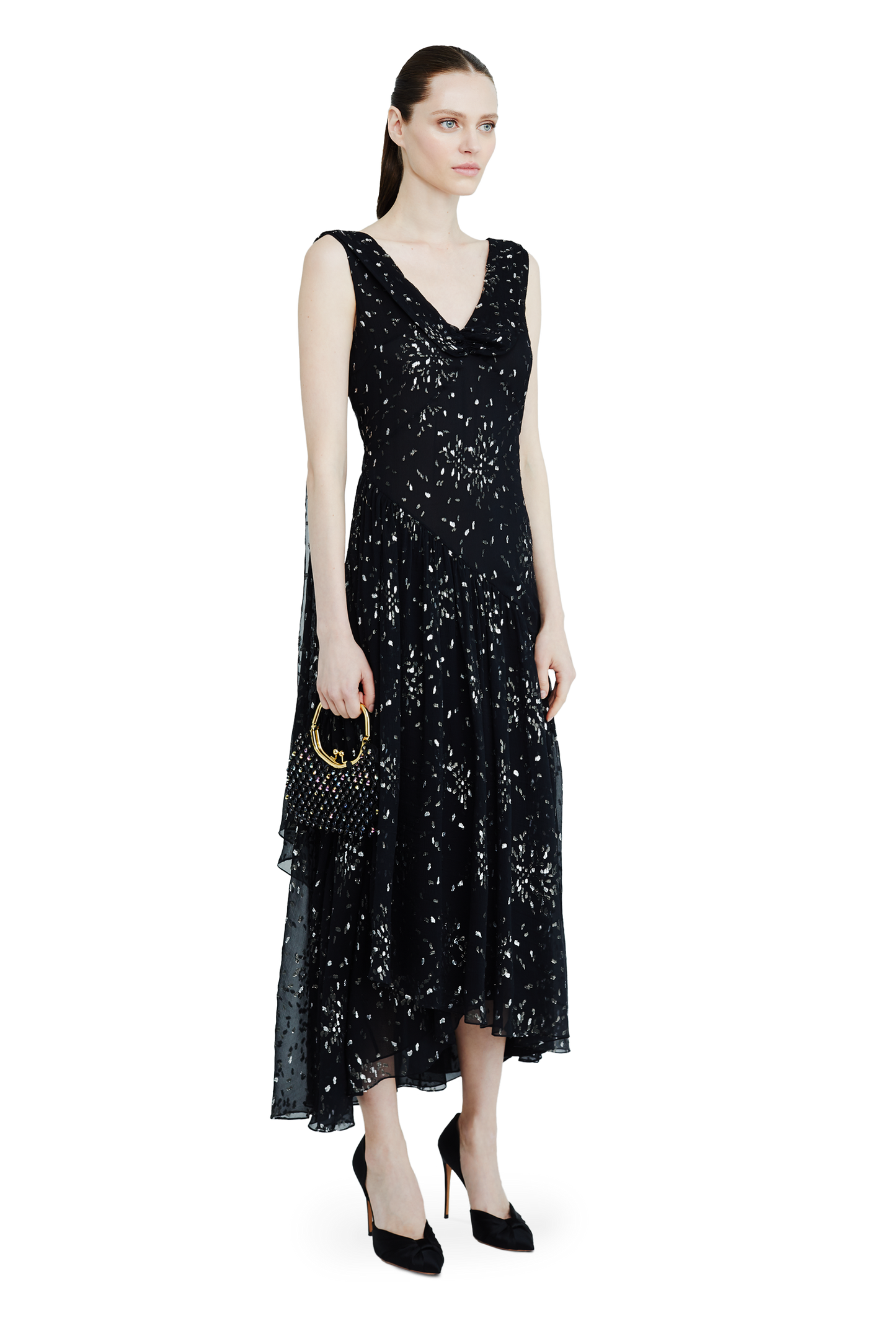 Chiffon midi dress with sparkling lurex