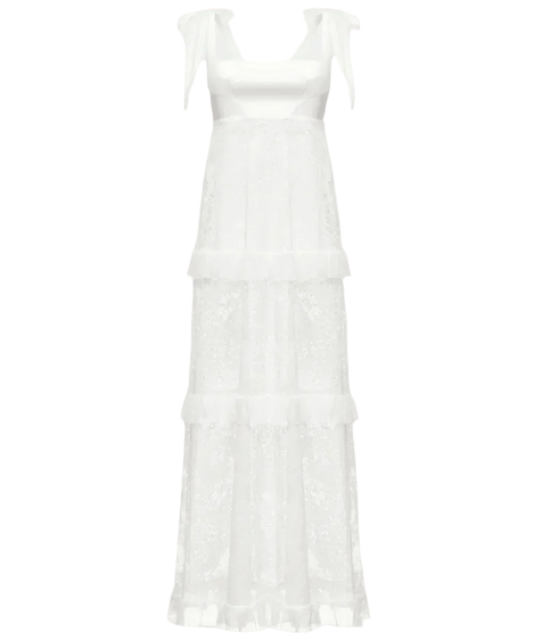 Full-length dress with signature floral lace and silk base