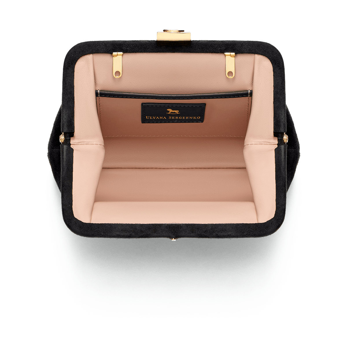 Suede bag with signature clasp and removable strap