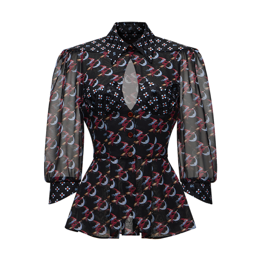 Silk peplum blouse with a signature print